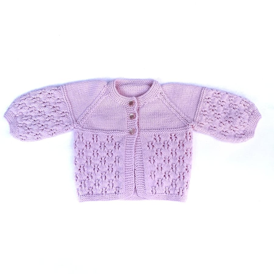 Hand knitted pink baby cardigan merino wool 0 - 3 months - knitted baby clothes 