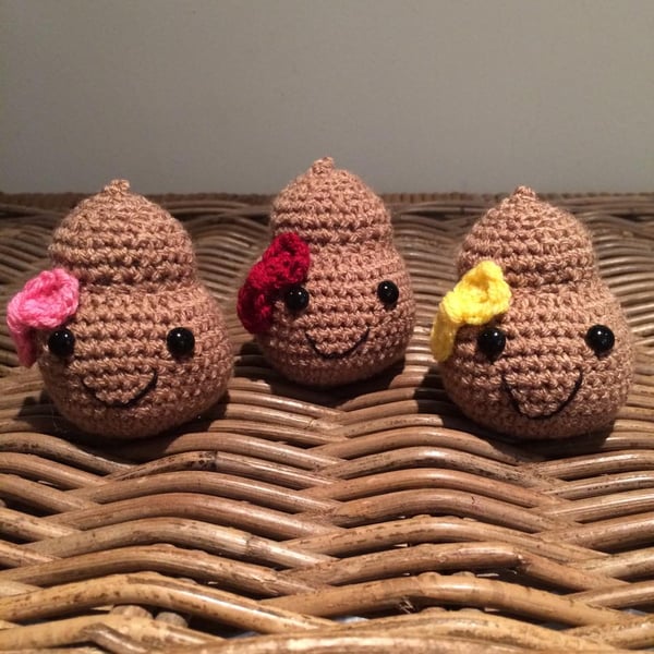Mister Poop the plush poo toy with bow, handmade crochet stuffed emoji plushi
