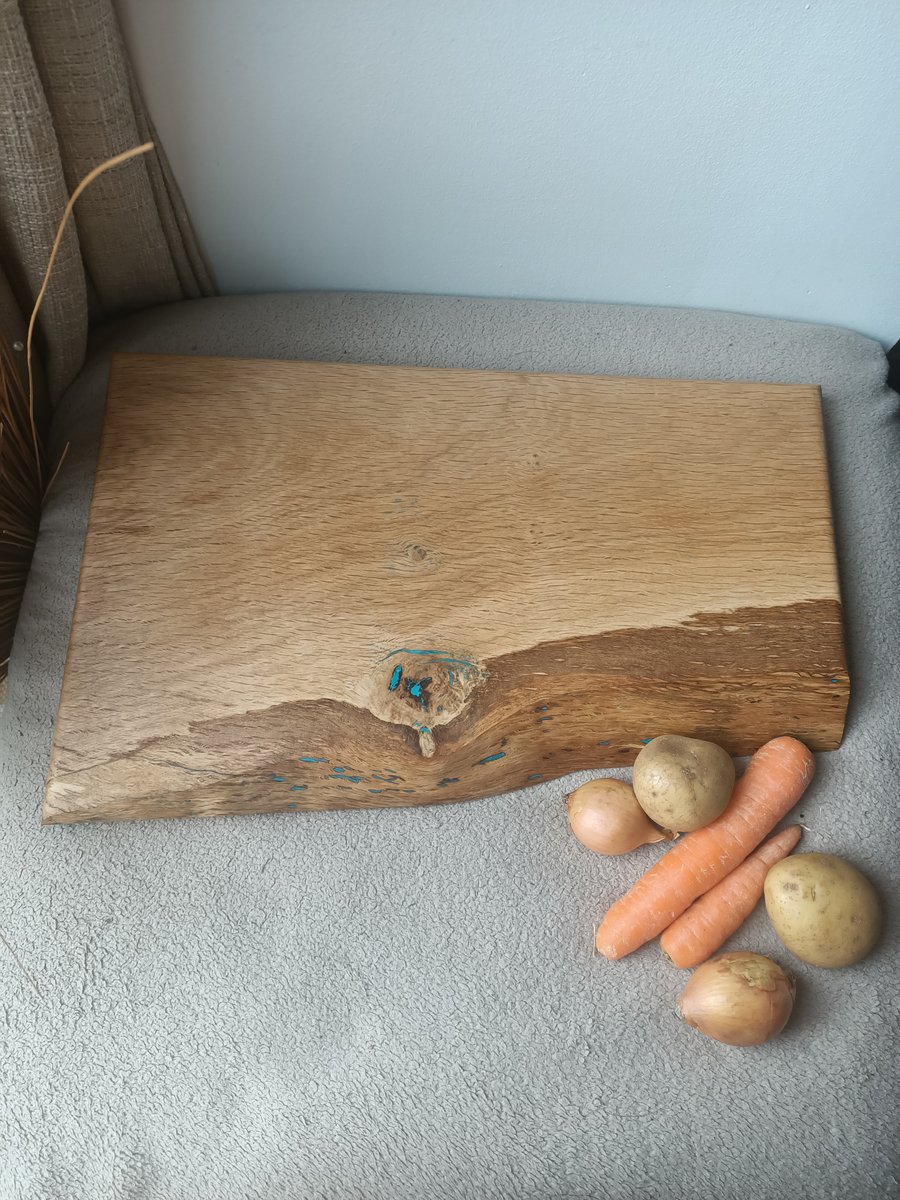 Large Solid Oak chopping butchers block chef food board teal wood resin