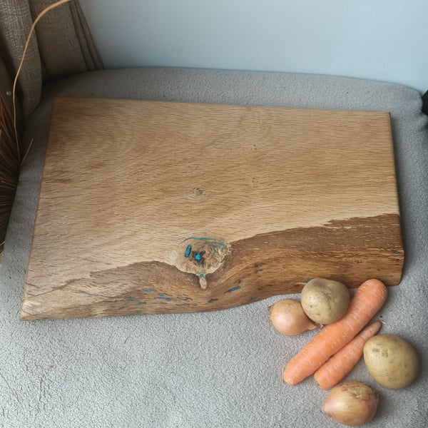 Large Solid Oak chopping butchers block chef food board teal wood resin
