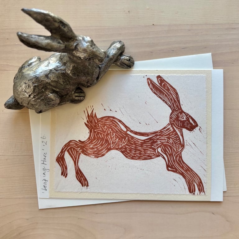 Linocut - Leaping Hare Card - with envelope.