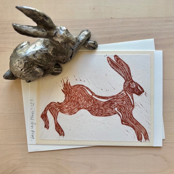 Linocut - Leaping Hare Card - with envelope.