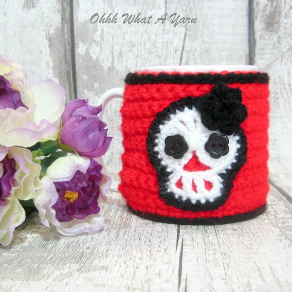 Seconds Sunday end of line. Crochet red sugar skull mug hug, mug cosy, mug cozy.