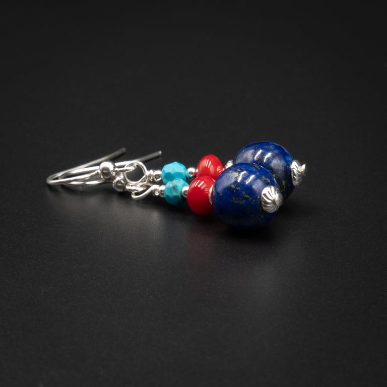 Turquoise, Lapis Lazuli, Coral and sterling silver earrings, Sagittarius jewelry