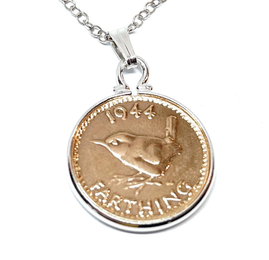 1944 80th Birthday Anniversary Farthing coin in a Silver Plated Pendant mount