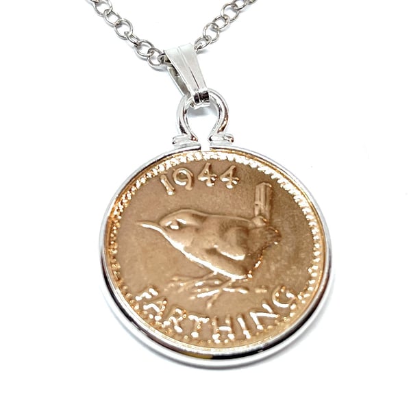 1944 80th Birthday Anniversary Farthing coin in a Silver Plated Pendant mount