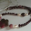 Red Garnet,  Rare Ryodonite & Freshwater Culture Pearl Sterling Silver Necklace