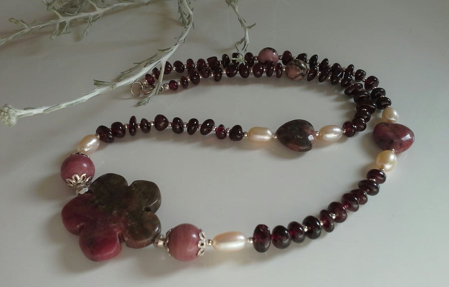 Red Garnet,  Rare Ryodonite & Freshwater Culture Pearl Sterling Silver Necklace