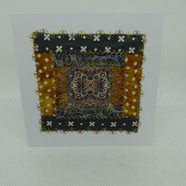 quilt block inspired greetings card with central silk embroidery fragment