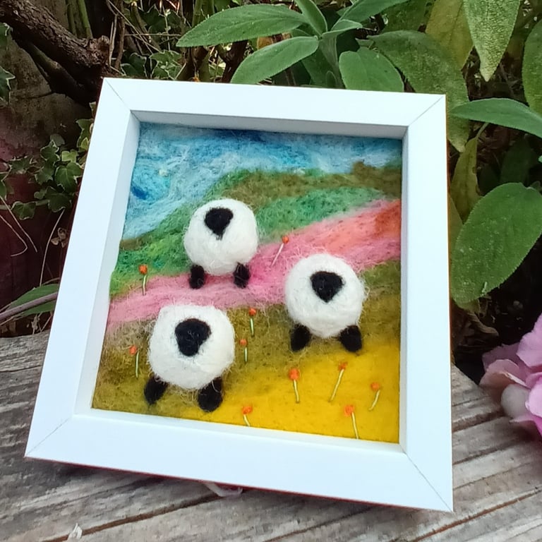Three Sheep amongst flowers - needlefelt with embroidery