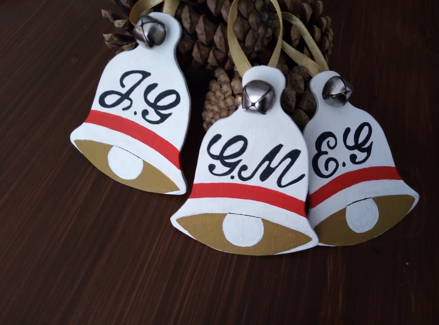 Personalised Bell Christmas decoration, wooden bauble, first Christmas