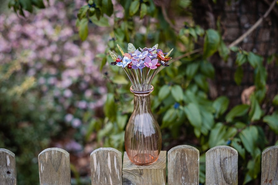 Heathers Inspired Hydrangea Bouquet in Recycled Glass Vase - Handcrafted Flower 