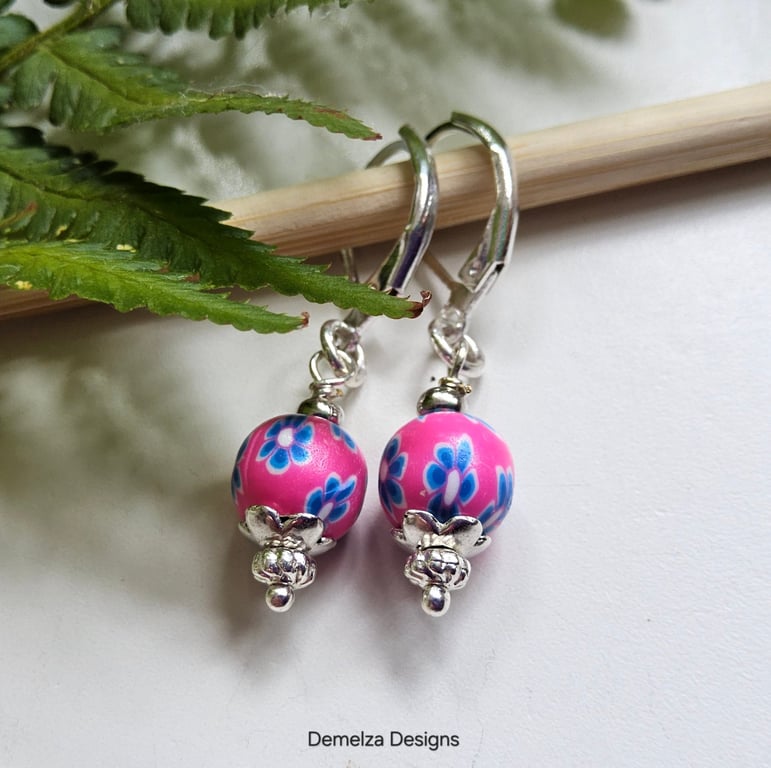 Dainty Pink Polymer Clay Bead Silver Plate Earrings
