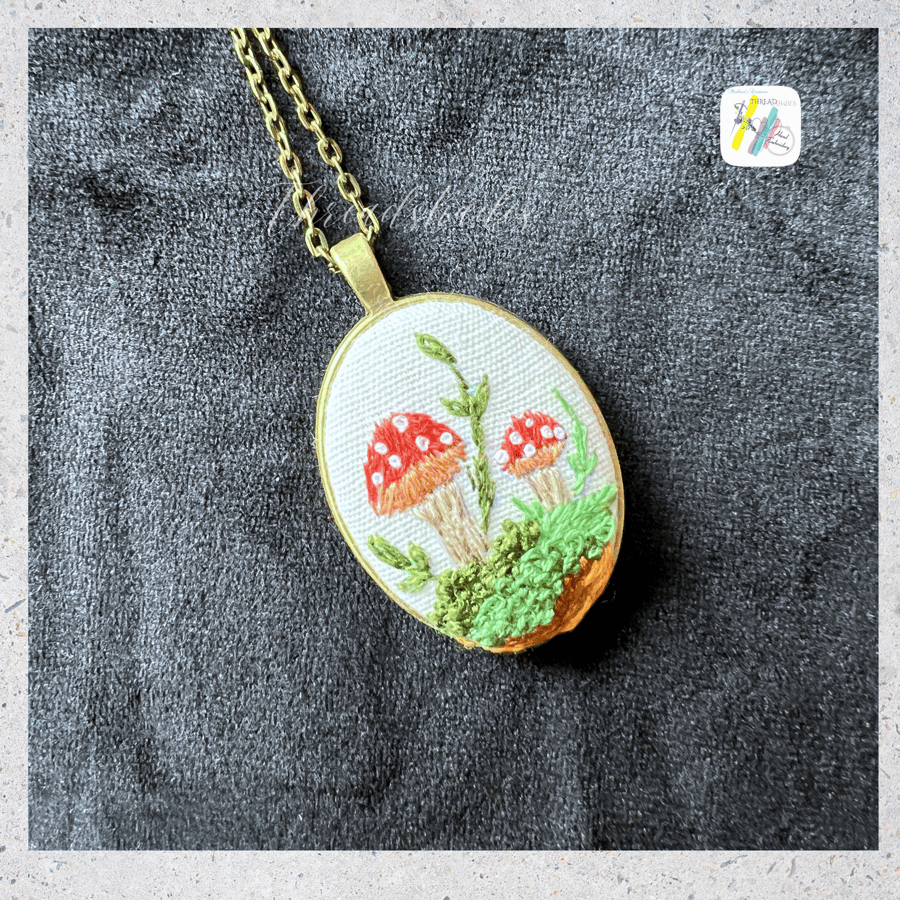 Mushroom Embroidery necklace, Hand embroidered, fall autumn necklace,