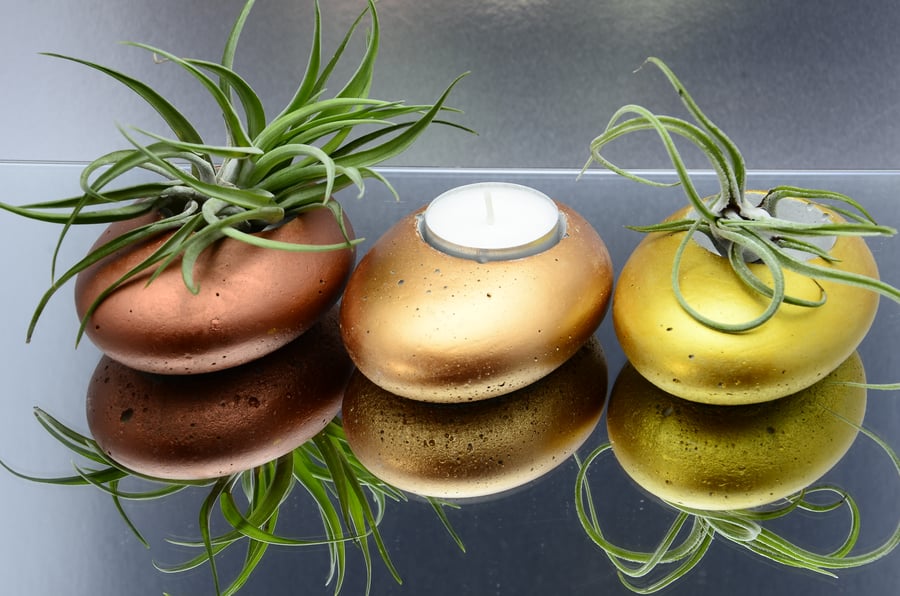 Set of 3 Handmade Oval Pebble Shape Concrete Tea Light Holders - Gold, Copper