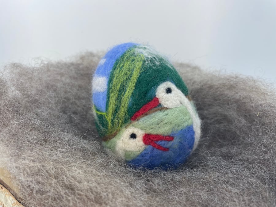 Felted Easter Egg, Needle Felt Easter Decoration, Bird, STORK, Flowers