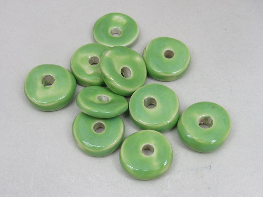 10 Medium Apple Green Glazed Ceramic Washer Beads