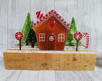 Fused Glass Gingerbread House, Christmas Scene Freestanding in Recycled Wooden B