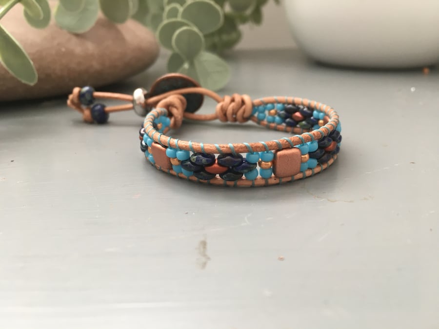Boho leather wrap beaded bracelet, gift for her, boho girl 