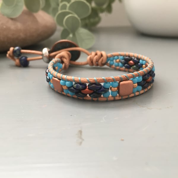 Boho leather wrap beaded bracelet, gift for her, boho girl 