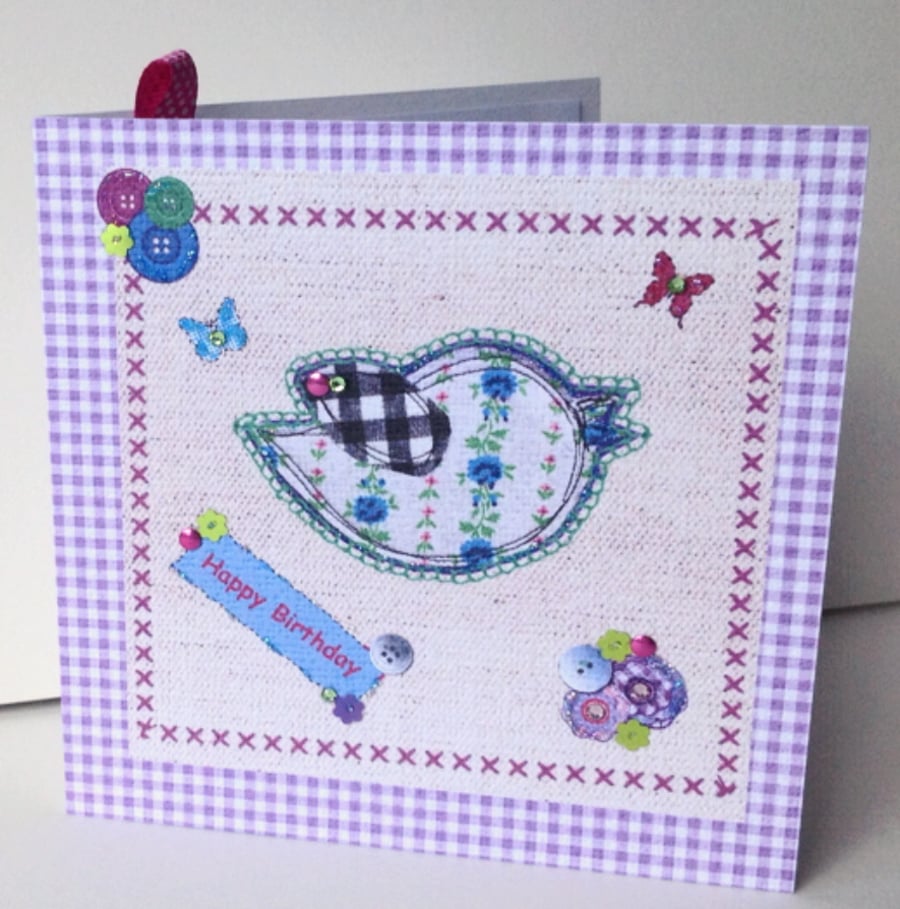 Birthday Card,Printed Applique Design,Hand Finished Greeting Card