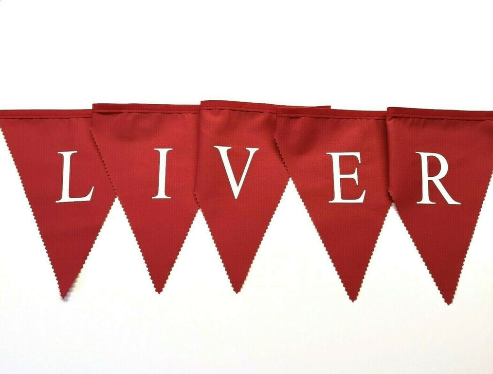 Liverpool Printed Bunting: Red flags with White lettering