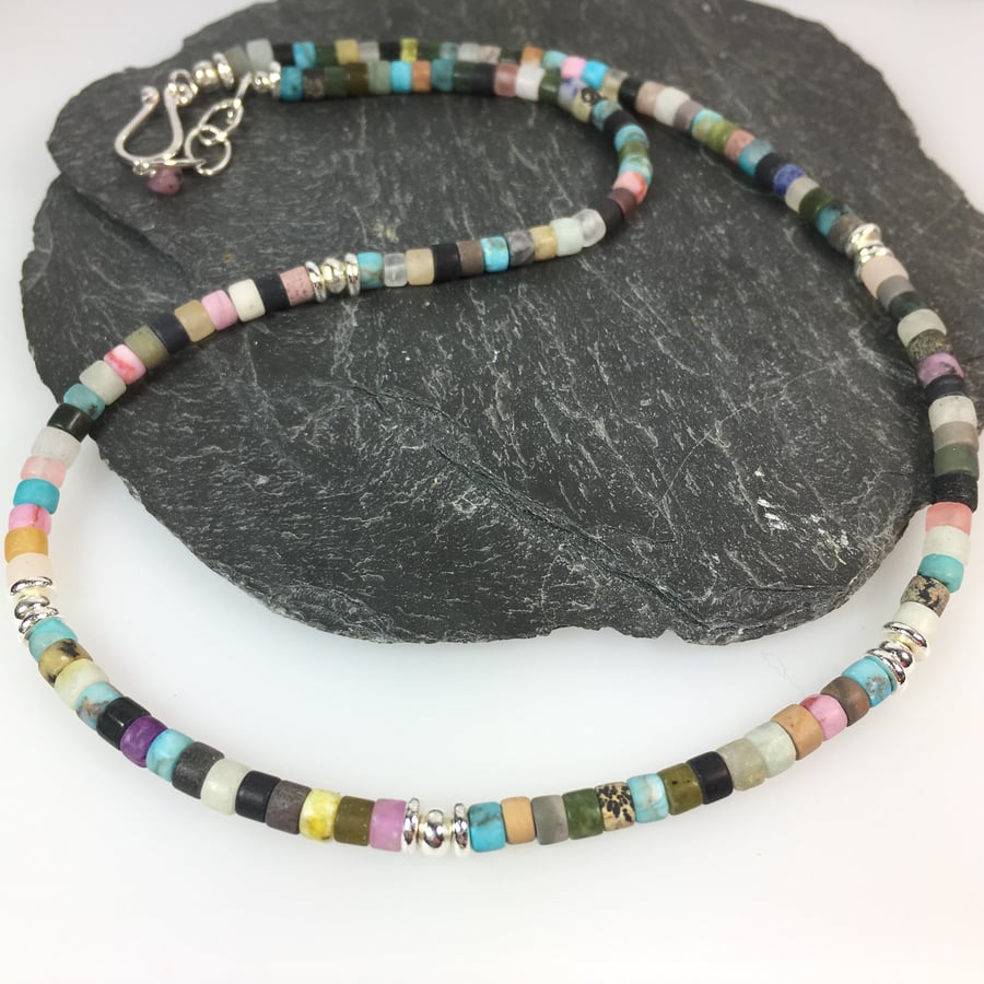 Colourful matte gemstone necklace with silver beads