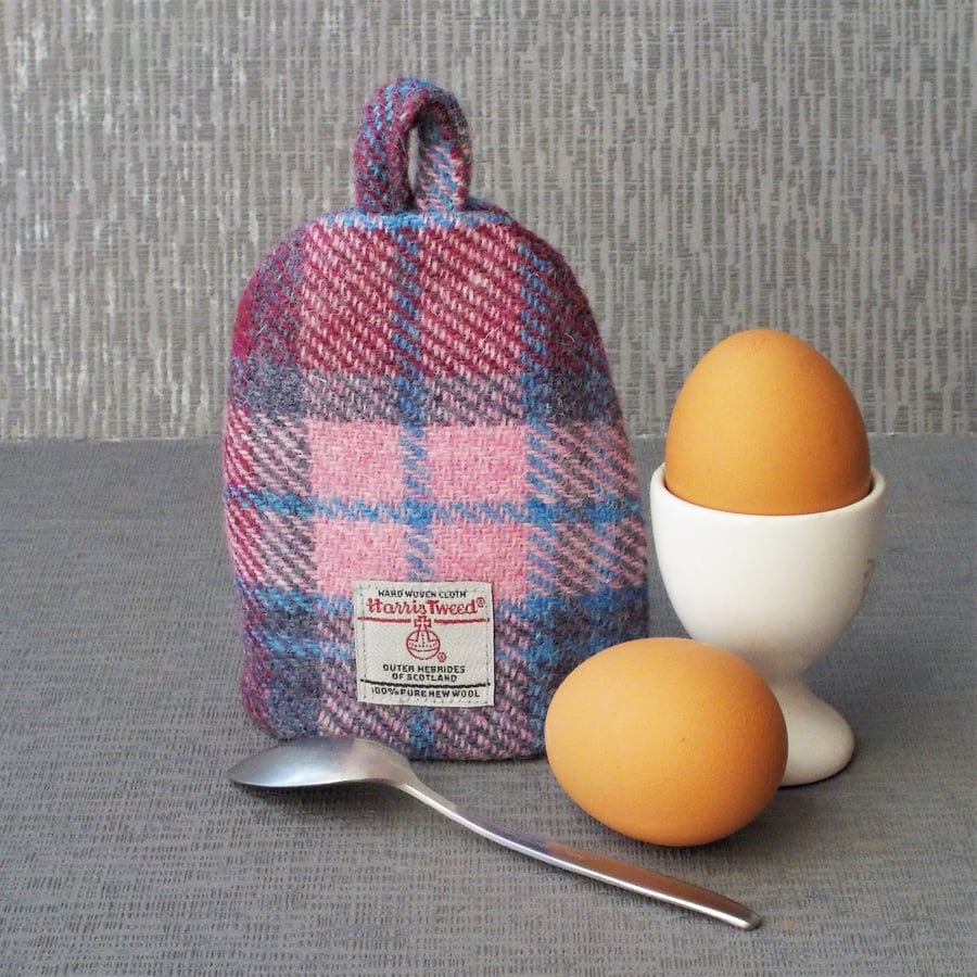 Harris tweed egg cosy pink and blue tartan unusual gift