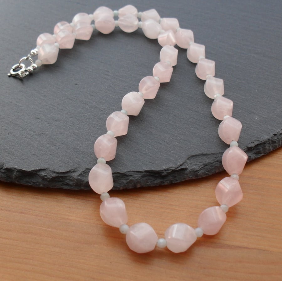 Sterling Silver Rose Quartz and amazonite  Necklace