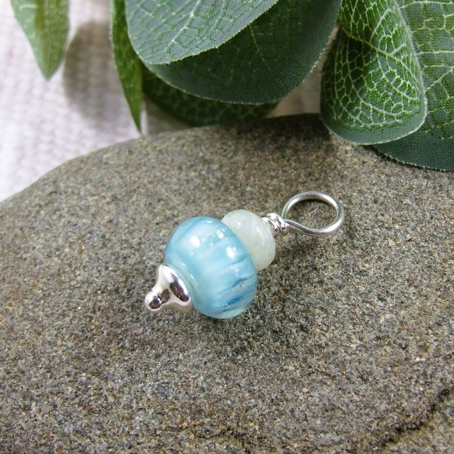 Blue Shimmer Glass Bead Pendant, Sterling Silver with Quartz - Chain is Optional