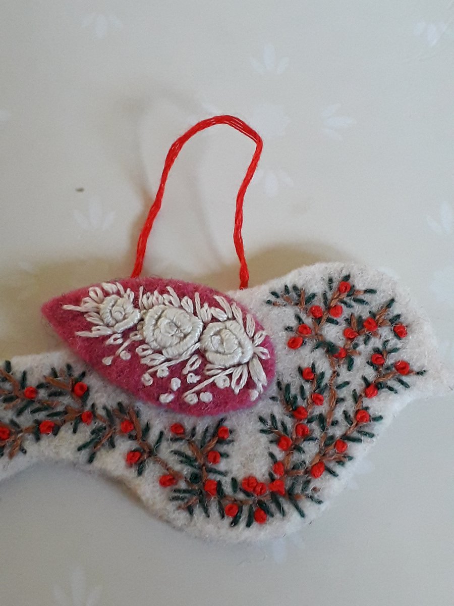 Felt Bird decoration Hand embroidered with flowers. unusual gift