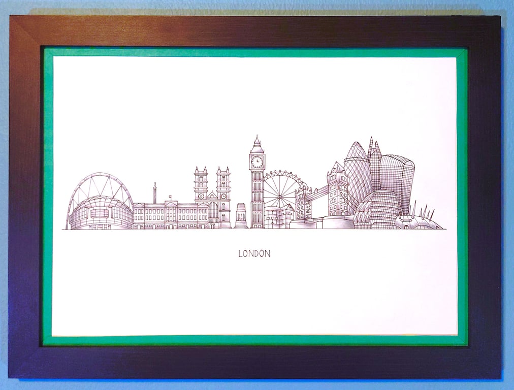 London Cityscape Handmade Unique Framed A3 Print Dark Green Border Wallart Gift
