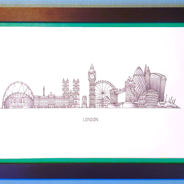 London Cityscape Handmade Unique Framed A3 Print Dark Green Border Wallart Gift