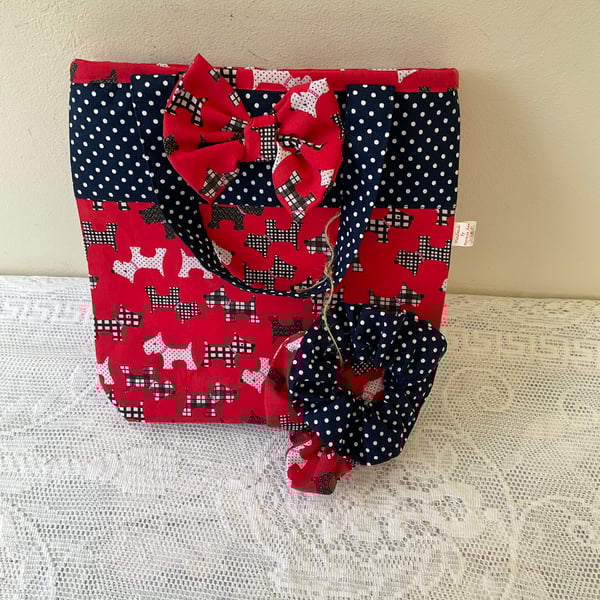 Charming Little Girls Cotton Tote Bag and Matching Scrunchies.Scottie Dogs