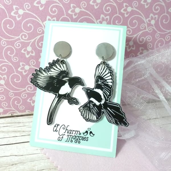 Two for joy magpie earrings on stainless steel studs, laser engraved
