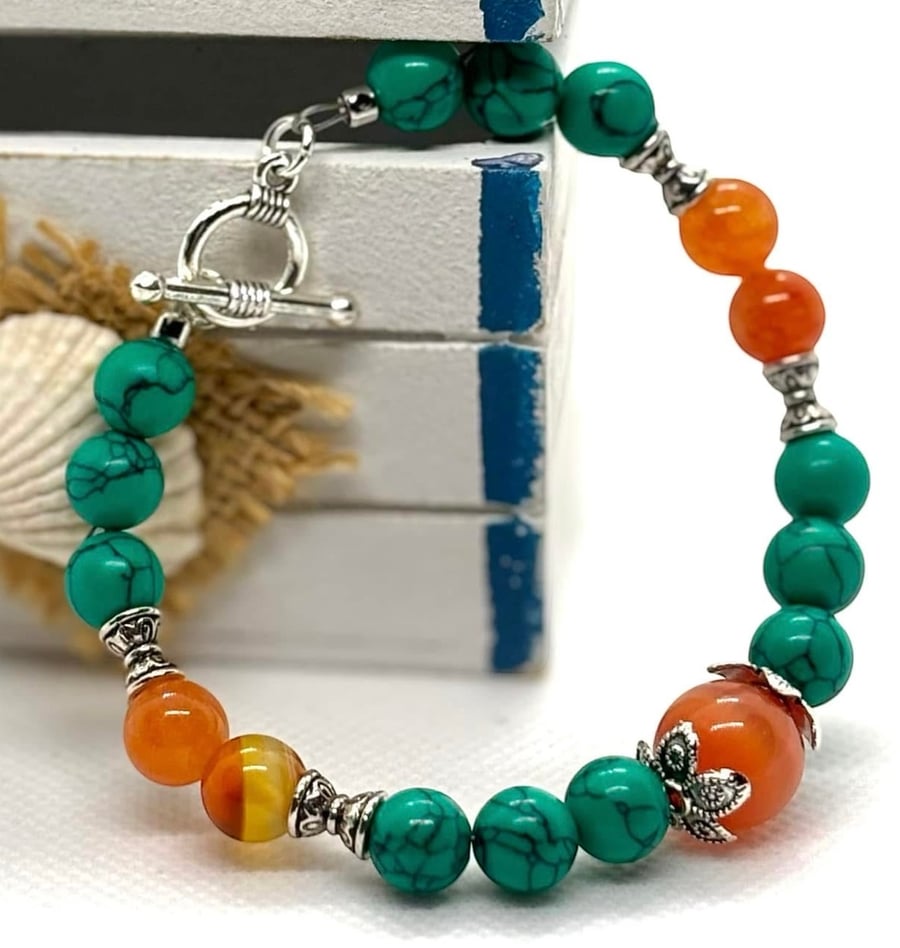 Colourful Turquoise And Orange Beaded Bracelet