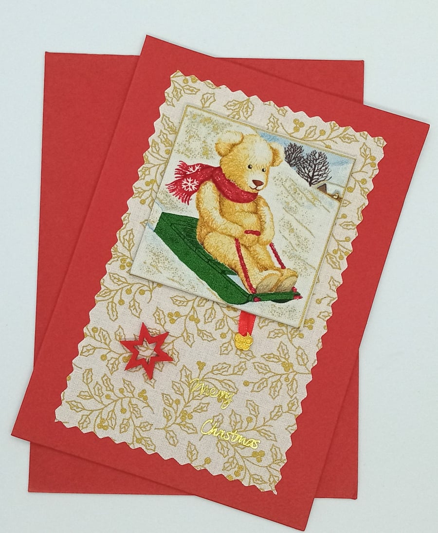 Teddy Bear Fabric Christmas Card 296B