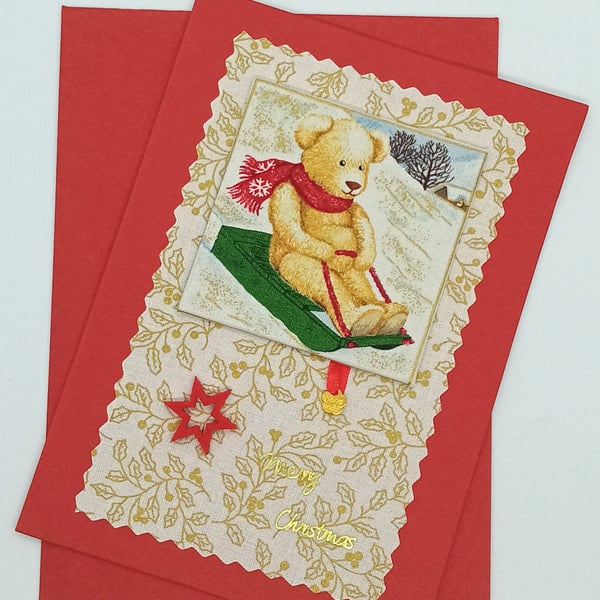 Teddy Bear Fabric Christmas Card 296B