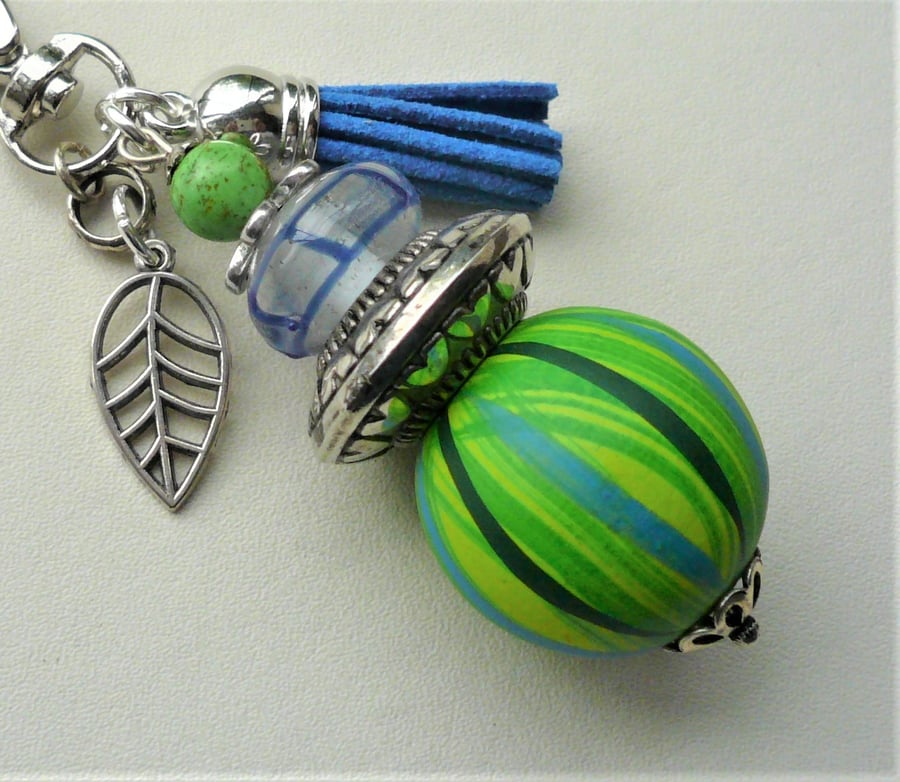 Bright Green Wood and Blue Glass Silver Leaf Key Ring   KCJKY13