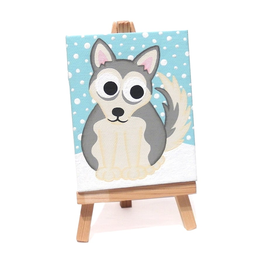 Husky Dog Mini Acrylic Painting - original snowy artwork on miniature canvas