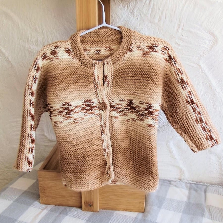 Babies Handknitted Jacket Cardigan, Camel Brown and Cream, 0 to 3 months, hm55