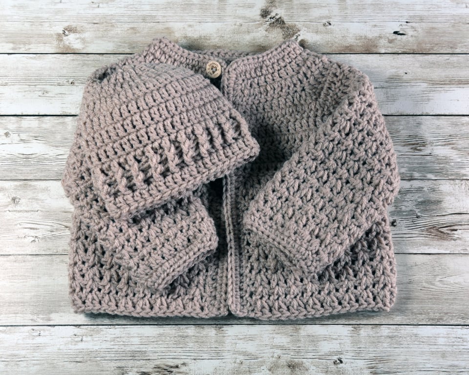 Hand Crochet Two Piece Set, Cardigan and Hat, Choice of Colours and Sizes
