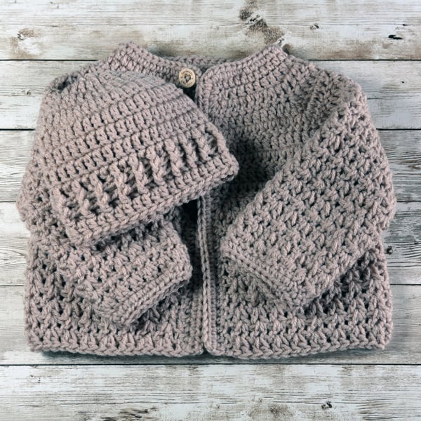 Hand Crochet Two Piece Set, Cardigan and Hat, Choice of Colours