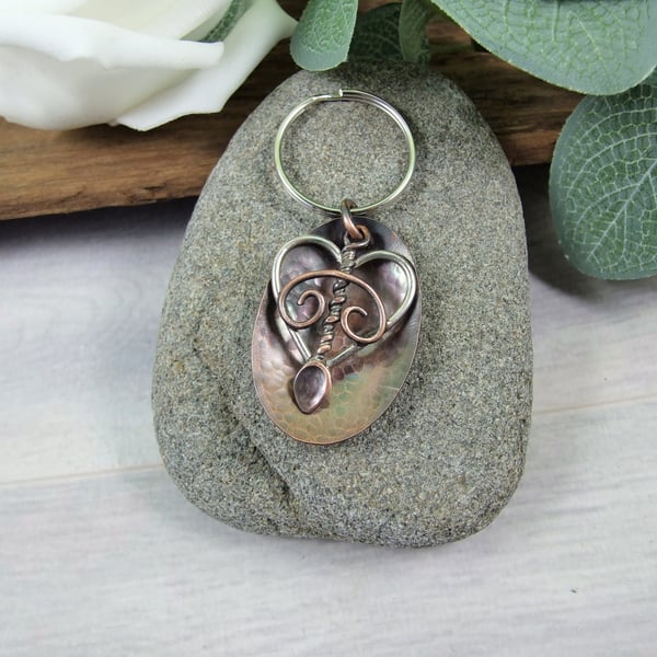 Bag Charm, Welsh Love Spoon Sterling Silver and Copper Keyring
