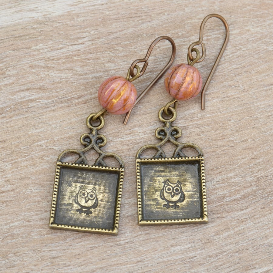 Hand Stamped Owl Earrings with Rose Czech Beads