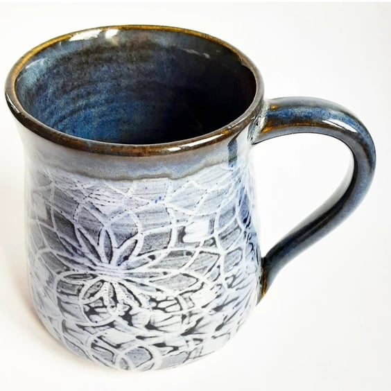 Blue Patterned Glazed Mug - Hand Thrown Stoneware Ceramic Mug 