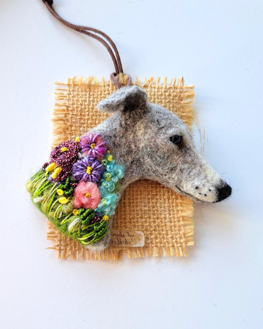 Needle Felted Greyhound Brooch