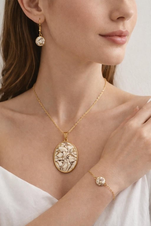 Brown White and gold Jewelry Set Handmade Polymer Clay Necklace, Earrings, Brace