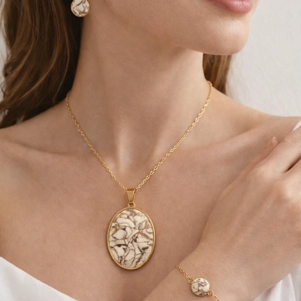 Brown White and gold Jewelry Set Handmade Polymer Clay Necklace, Earrings, Brace