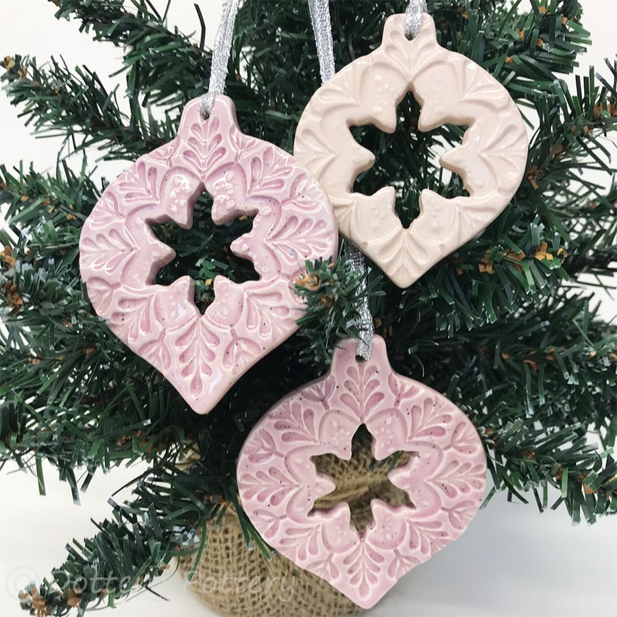 Pink Christmas Baubles set of three pottery Bauble decorations Xmas decorations